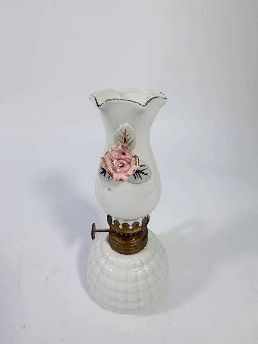 Mini Finger Oil Lamp Porcelain Ceramic Raised Rose Shade Chimney Vintage Home De - Picture 3 of 16